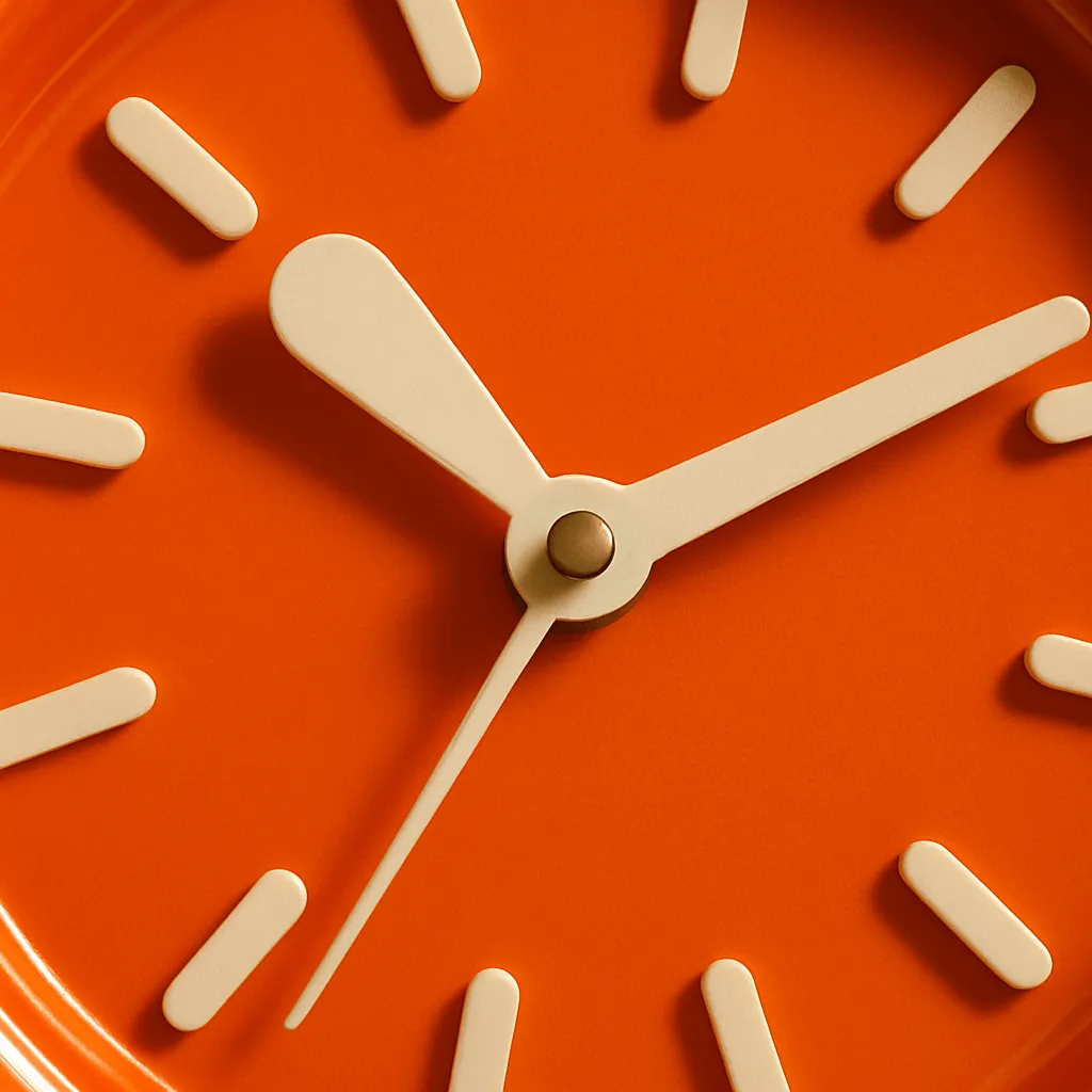 Orange clock with beige, organic hands